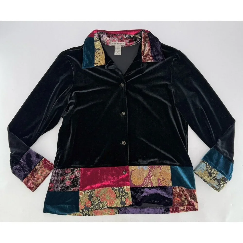 Notations‎ Black Velvet Patchwork Jacquard Bohemian Button Jacket L Art To Wear